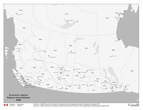 Geographical map of 2006 Economic Regions of Western Canada (includes