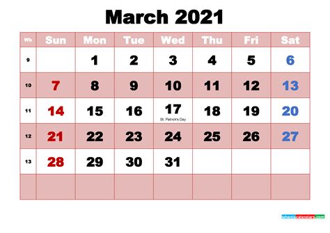 Calendar 2021, with federal holidays and free printable calendar templates in word (.docx), excel (.xlsx) & pdf formats. March 2021 Printable Monthly Calendar with Holidays | Free ...