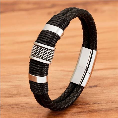 men s leather and stainless steel bracelet etsy