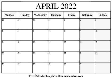 April 2022 Calendar Free Printable With Holidays And Observances