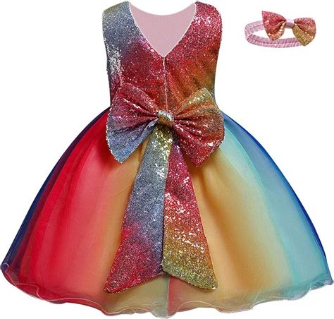 Girls Rainbow Dresses Kids Birthday Party Tutu Gown Sequined Bow Lace