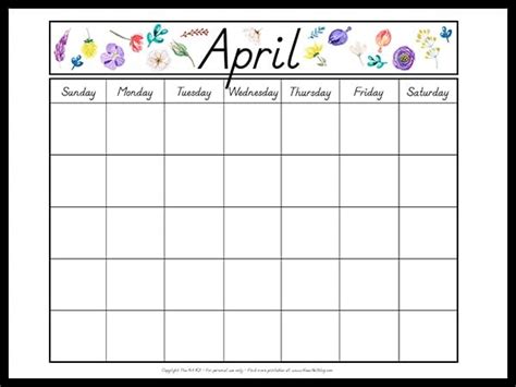 April Month Calendar Printable For Kids
