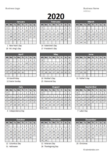 2020 Yearly Business Calendar With Week Number Free Printable Templates