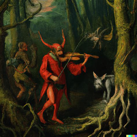 A Painting By Hieronymous Bosch Depicting The Devil Playing The Violin