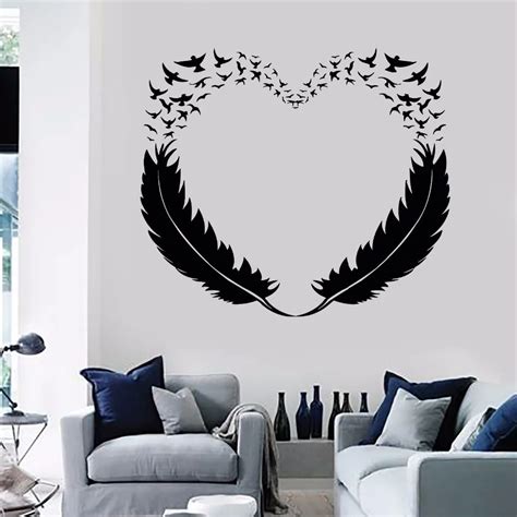Feathers Heart Vinyl Wall Decals Decor Love Birds Romantic Bedroom