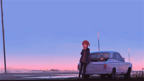 Female Anime Character Leaning On Silver Coupe Wallpaper Car Sunset