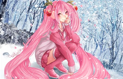 Cherry Blossoms Flowers Hatsune Miku Pink Pink Eyes Pink