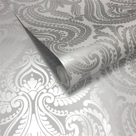 Shimmer Damask Wallpaper Soft Grey Silver Grey Damask Wallpaper