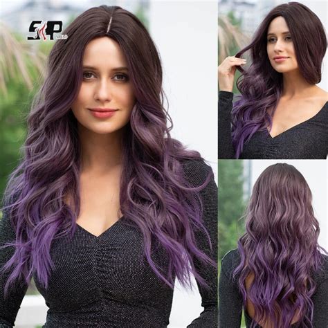 Long Wavy Ombre Brown Purple Synthetic Wigs For Women Heat Resistant