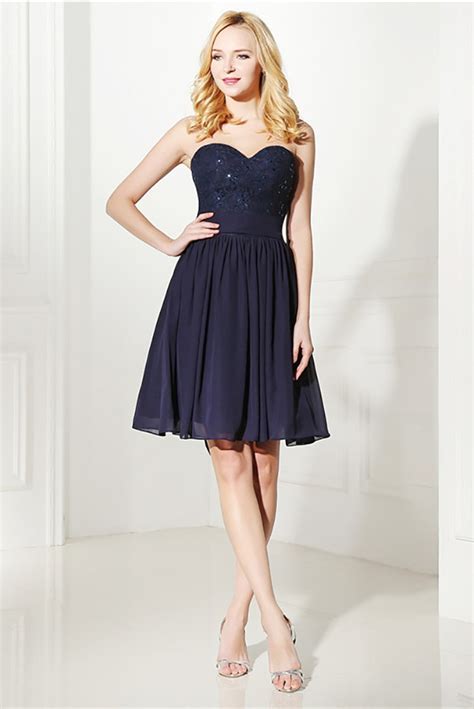 Simple Navy Blue Short Bridesmaid Dress Strapless With Lace H76131