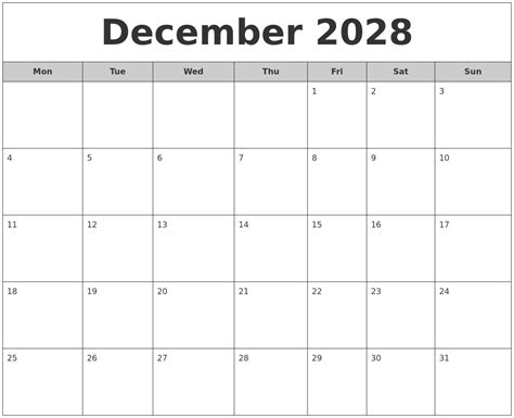 December 2028 Free Monthly Calendar