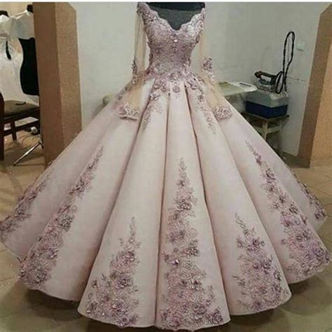 Elegant Long Sleeves Prom Dress 2018 Pink Ball Gowns