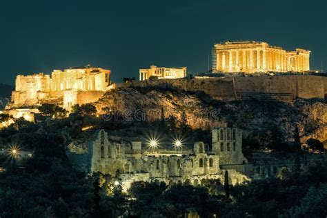Night View Of The Acropolis Of Athens Greece Stock Photo Image Of
