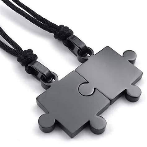 2pcs Mens Womens Couples Stainless Steel Puzzle Pendant Love Necklace Set Black Silver In