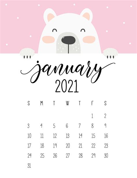 Cute Peeking Bear 2021 Calendar World Of Printables