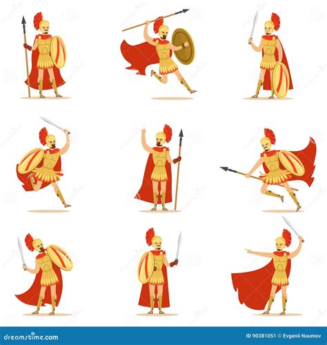 Spartan Soldier In Golden Armor And Red Cape Set Of Vector