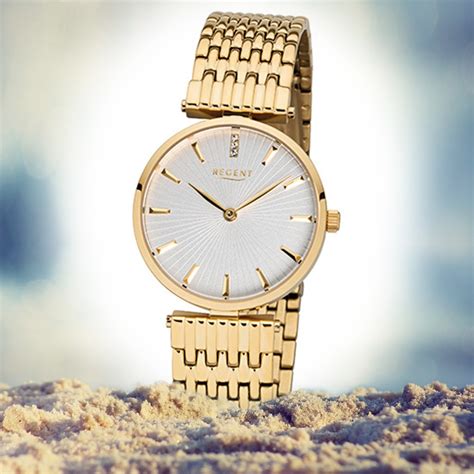 Regent Damen Armbanduhr 32 F 1060 Quarz Uhr Edelstahl Armband Gold URF1060