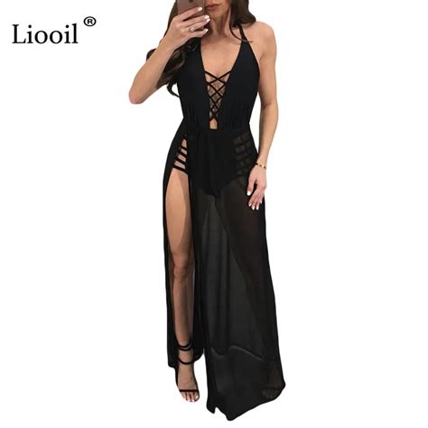Liooil See Through Mesh Maxi Dress 2019 Summer V Neck Lace Up Black White Sexy Backless Halter
