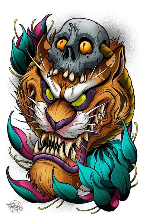 Image Of Tiger With Skull Тату в стиле комиксов Татуировки тела