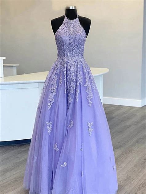 High Neck Long Purple Lace Prom Dresses Purple Lace Formal Evening Dr