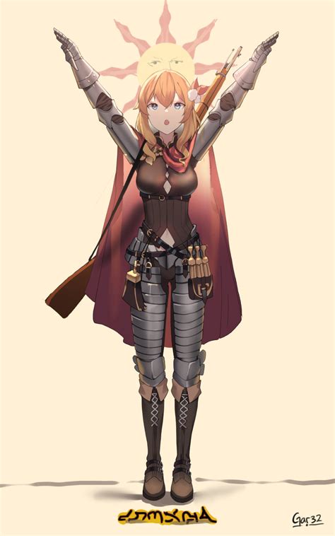 safebooru 1girl absurdres bangs blonde hair blue eyes bolt action boots breasts cape clothing