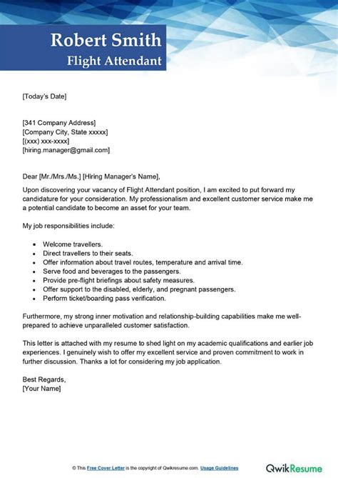 Flight Attendant Cover Letter Examples Qwikresume