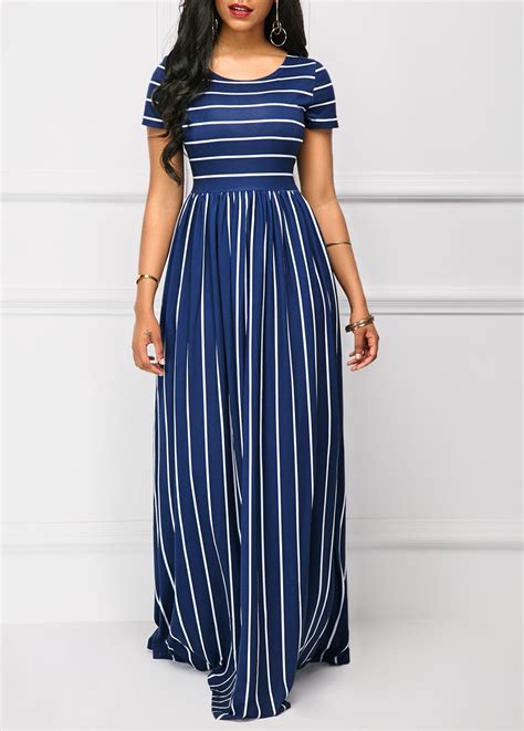 Navy High Waist Stripe Print Short Sleeve Maxi Dress Short Sleeve Maxi Dresses Maxi Dress