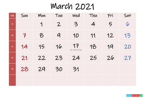 Free Printable March 2021 Calendar With Holidays Template K21m279