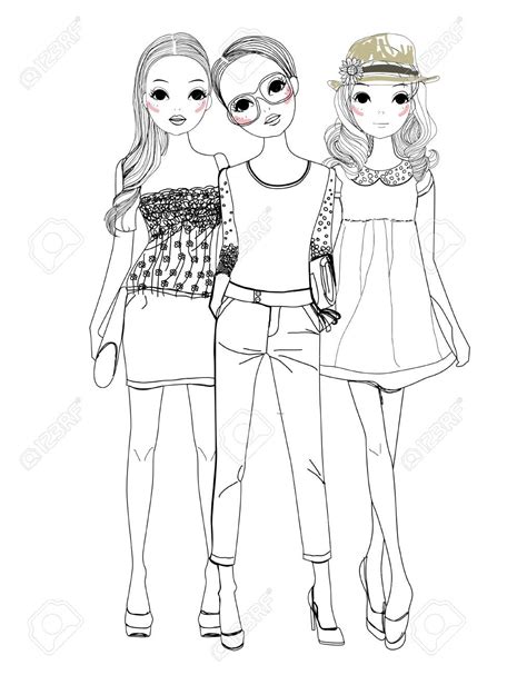 Push pack to pdf button and download pdf coloring book for free. Three fashion girls | Girl drawing sketches, Coloring ...