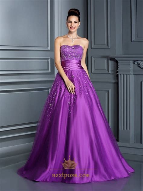 Purple Strapless Floor Length A Line Ball Gown With Jewel Embellished