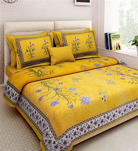 Flower Plant Design Yellow Cotton King Size Double Bed Sheet With 2