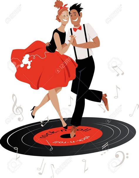 Cartoon Couple In Vintage Clothing Dancing Rock And Roll On A Vinyl