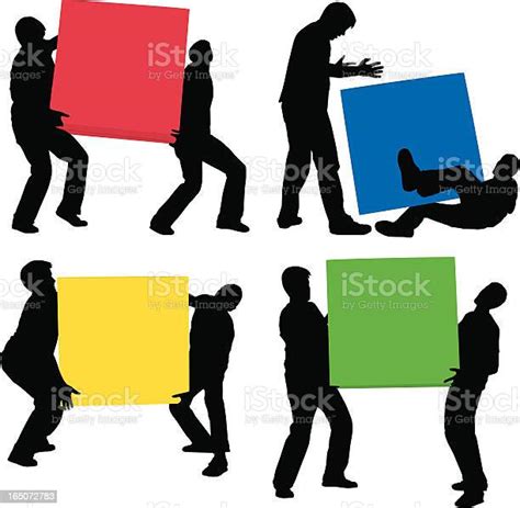 Cartoon Silhouettes Of Men Moving Multicolor Boxes Stock Illustration