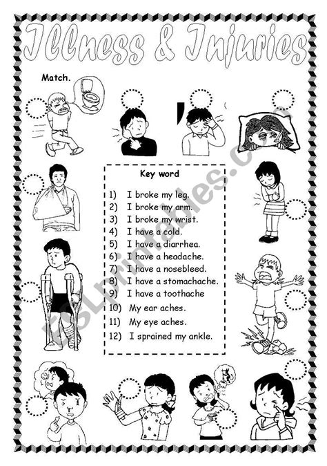 Injure harm somebody or yourself physically, especially in an accident, receive/suffer an injury. Illness & injuries - ESL worksheet by saifonduan