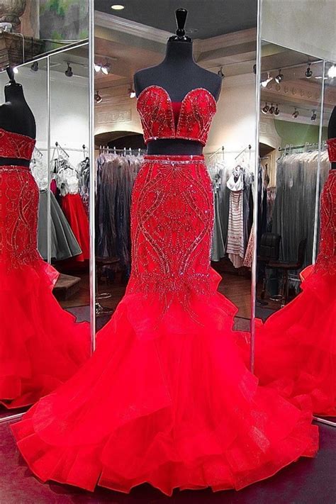 Mermaid Sweetheart Red Tulle Ruffle Beaded Two Piece Prom Dress