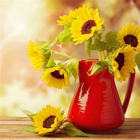 5d Diy Round Diamond Painting Colorful Sunflower Red Vase Cross Stitch