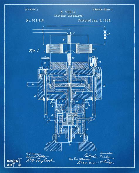 1894 Tesla Electric Generator Patent Blueprint By Nikki Marie Smith In