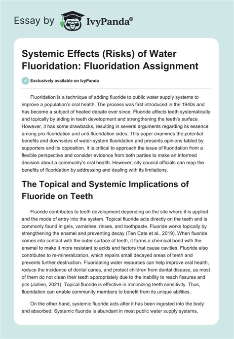 Systemic Effects Risks Of Water Fluoridation Fluoridation Assignment
