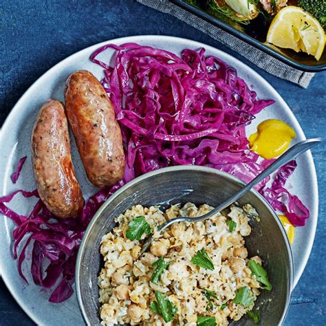 Sausages with chickpea mash & braised red cabbage | Healthy Recipe | WW UK