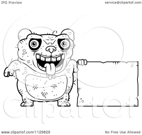 Cartoon Clipart Of An Outlined Ugly Panda With A Sign Black And White