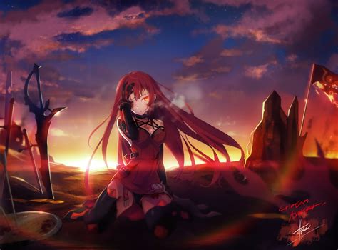 Don't think about how they felt the empty space where a certain red haired assasin would fit in perfectly. Anime 3000x2218 anime anime girls Crimson Avenger Elsword long hair redhead red eyes sword ...