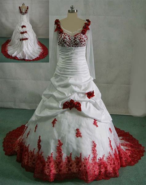 Wedding Gown With Red Accents Trumpet Plus Size White Wedding Dress