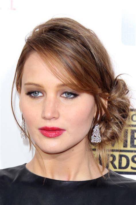 Jennifer Lawrence Straight Light Brown Messy Bun Updo Hairstyle Steal Her Style Bride