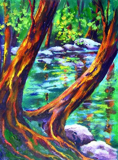 Twin trees on the river: Warm and cool colors and contrast to this river view. | Art, Landscape ...
