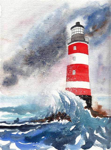 Watercolour Lighthouse Framed Print Etsy Lighthouse Painting Ocean