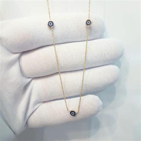 14K Real Solid Yellow Gold Trio Evil Eye Pendant Necklace For Women