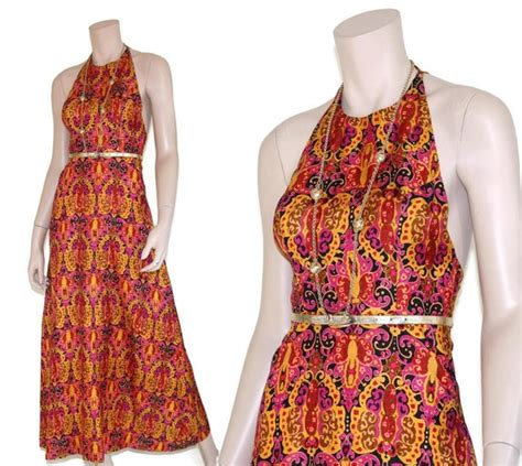 1960s psychedelic silk ikat halter dress vintage 60s… gem