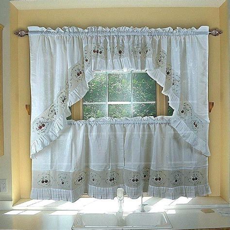 50 Inspirations Of Floral Embroidered Sheer Kitchen Curtain Tiers