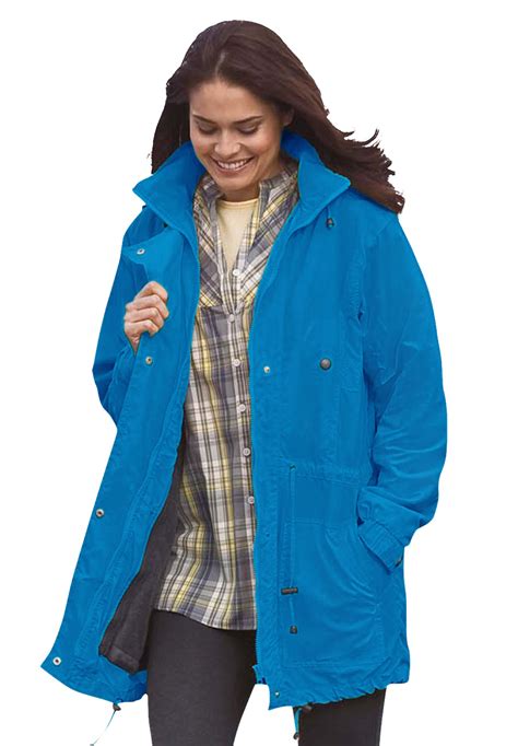 Woman Within Women's Plus Size Fleece-Lined Taslon Anorak Rain Jacket
