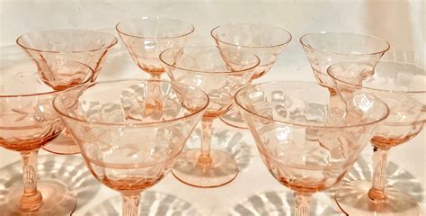 Vintage Blush Pink Depression Glass Wine Cocktail Glasses Set Of Nine With Etched Floral Pattern